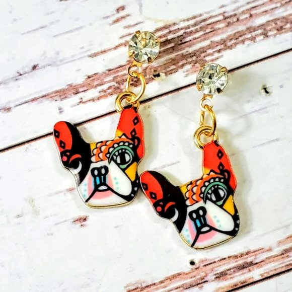 Colorful French Bulldog Earrings - Picture 1 of 3